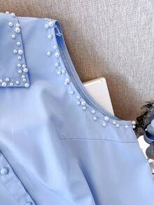 GlowEve CURVE Plus Size Women's Elegant Casual Open Front Pearl Beaded Blouse Gym Brown Summer - Baby Blue - View 4