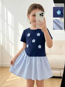 Playful Pals 1 pezzo Maglietta a maniche corte con scollo tondo blu navy per ragazze giovani, con decorazione floreale a righe blu e bianche, abito/gonna casual ed elegante adatto per l'estate, uso quotidiano, viaggi, vacanze, parchi a tema, servizi fotografici - Blu - Visualizzare 8