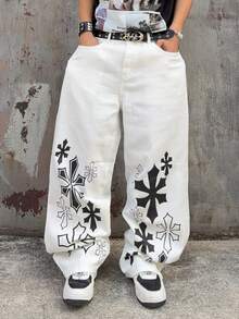 Manfinity EMRG Men's Contrast Color Print Casual Wide Leg Jeans - White - View 5