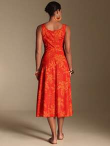 Swim Oasis 热带度假风 | 红色底橙色棕榈树印花方领长裙，适合海滩度假/三亚旅游/音乐节/海滩拍照 - 彩色 - 查看 2