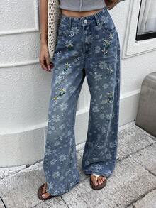 DAZY Quần jeans nữ dáng rộng, in họa tiết hoa lãng mạn, thêu toàn thân. - Màu xanh lam - Xem 1