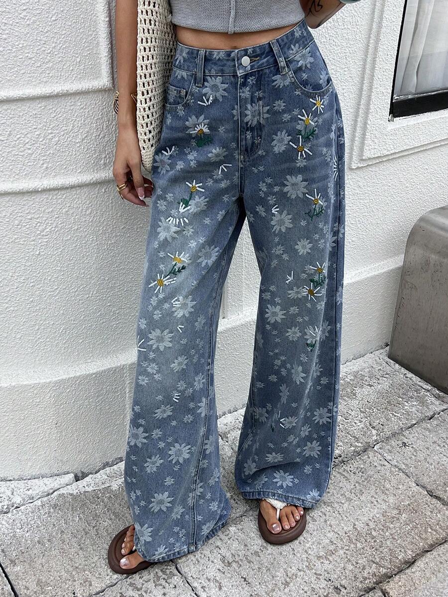 DAZY Quần jeans nữ dáng rộng, in họa tiết hoa lãng mạn, thêu toàn thân. - Màu xanh lam - Xem 1