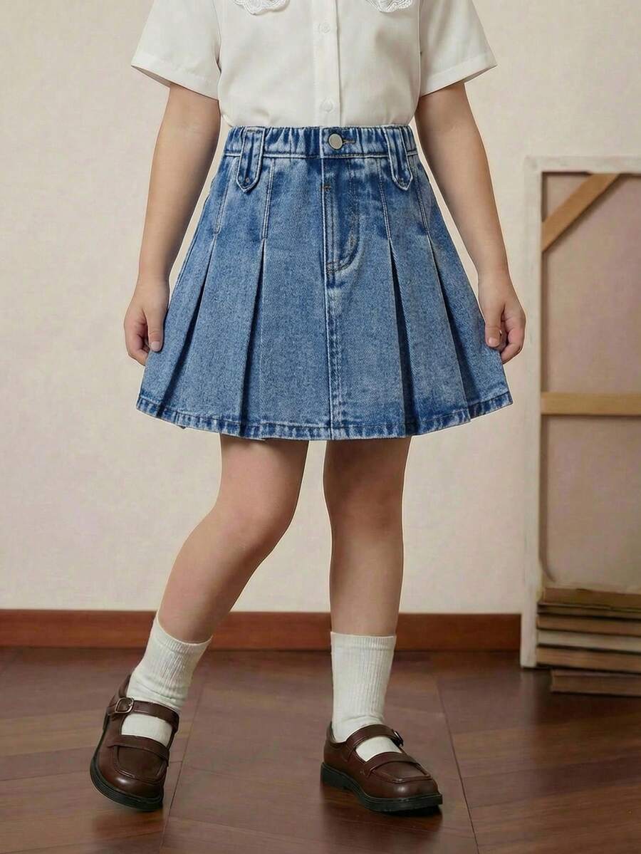 SHEIN 年轻女孩褶皱牛仔裙，春夏波西米亚风短裙 - 淺色水洗藍 - 查看 1