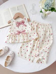 LMoss Kids 2pcs Baby Girl Ditsy Floral Woven Casual Vest And Pants Set Baby Girl Cotton Clothes Girls Summer Coord Set Cherry Pajama Set Cherry Outfit For Baby Cherry 2 Piece Set Baby Girls Clothes Summer Cherry Outfits For Girls - Pink - View 4
