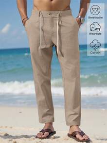 VENTUSAIL Men Solid Drawstring Waist Pants Tapered Long Slacks Linen Cool Plain Going Out, Fall - Khaki - View 3