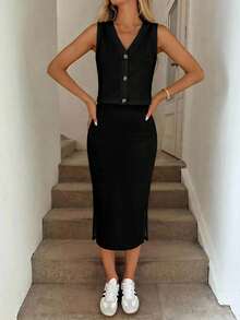 SHEIN LUNE Bộ đồ nữ gồm áo khoác cardigan cài nút và chân váy ngắn, thích hợp cho mùa xuân/hè. - Nhiều màu - Xem 4