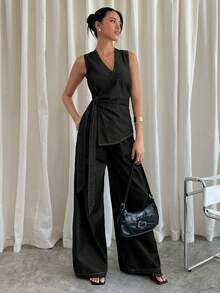 Siren Gaze 女士侧边打结无袖上衣和阔腿牛仔裤套装 - 黑色 - 查看 7