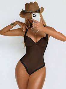 Shapewave Áo tắm liền thân nữ kiểm soát vùng bụng, phối màu nâu và be, có đường may bên hông, nâng ngực, giúp thon gọn vóc dáng. - Cà phê nâu - Xem 4