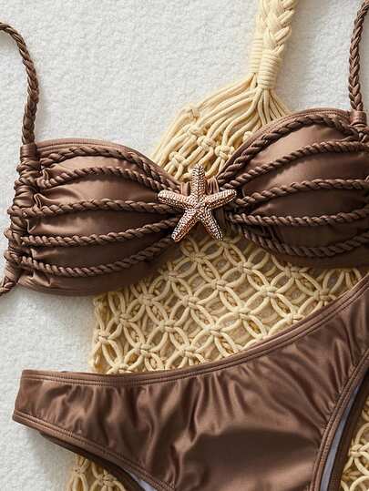 Swim Chiccia 2026年热销两件套女士比基尼套装，成熟时尚复古浪漫优雅钩编抹胸收腰泳衣，棕色亮面尼龙面料，金属海星装饰，波西米亚海滩俱乐部风格，春夏假日