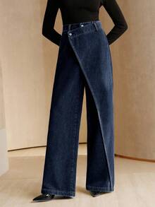 Anewsta Asymmetrical Design Women's Loose Fit Pockets Wide Leg Jeans - Blue - View 4