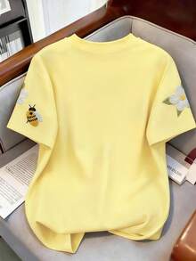Resyla 女士花卉蜜蜂刺绣圆领短袖休闲百搭T恤 - 彩色 - 查看 2