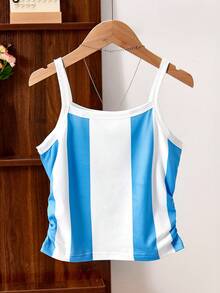 SHEIN 少女背心，复古针织风格吊带衫，阿根廷主题配色，紧身短款设计凸显腰线，休闲街头风或运动风皆宜，充满活力的夏日气息 - 藍色 - 查看 2