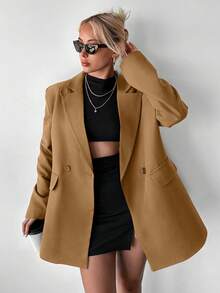 EURMUSE Lapel Neck Flap Detail Double Button Blazer - Camel - View 3