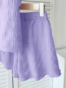 Tween Girl Casual Vacation Round Neck Textured Red Spring Style Bow Back Camisole Top And Shorts 2-Piece Set - Mauve Purple - View 5