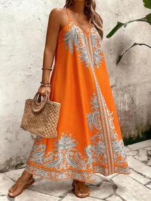 Breezaya Plus Size Women's Loose Casual Orange Floral Print Spaghetti Strap Dress,Summer Boho Vacation Holiday Bohemian Beach Beach Vacation Outfit Resort - Orange - View 5