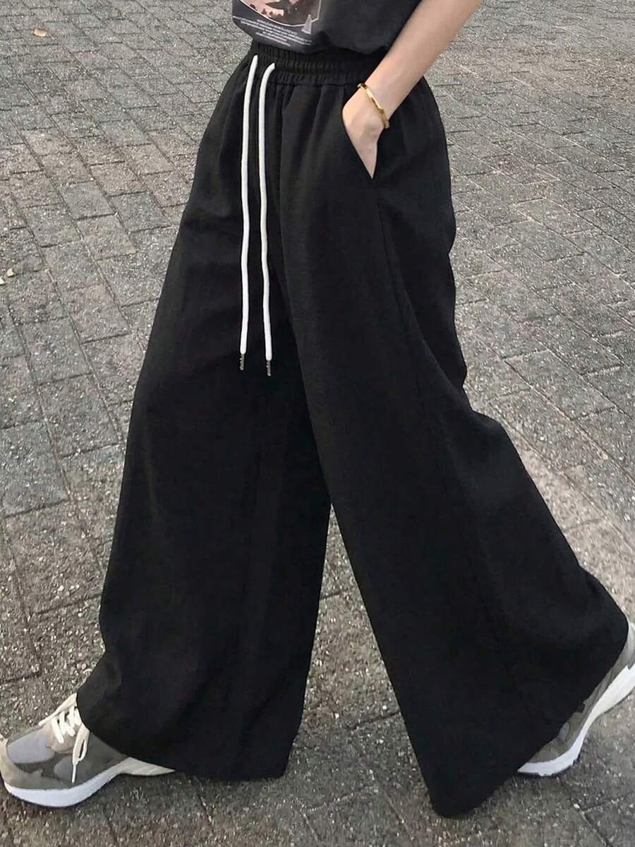 FRIFUL Women's Summer Airport Business Casual Solid Color Drawstring Waist Wide Leg Pants - Black - View 1