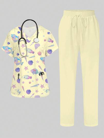PopScrub Bộ đồ 2 mảnh in hình cá nhiệt đới neon, sao biển, vỏ sò hoạt hình, cổ chữ V, tay ngắn, có túi và thiết kế tai thỏ, dành cho nữ, thích hợp làm đồng phục y tá mùa xuân/hè, quần màu vàng nhạt, bộ đồ thường ngày, bộ đồng phục, trang phục đi biển và mặc hàng ngày.