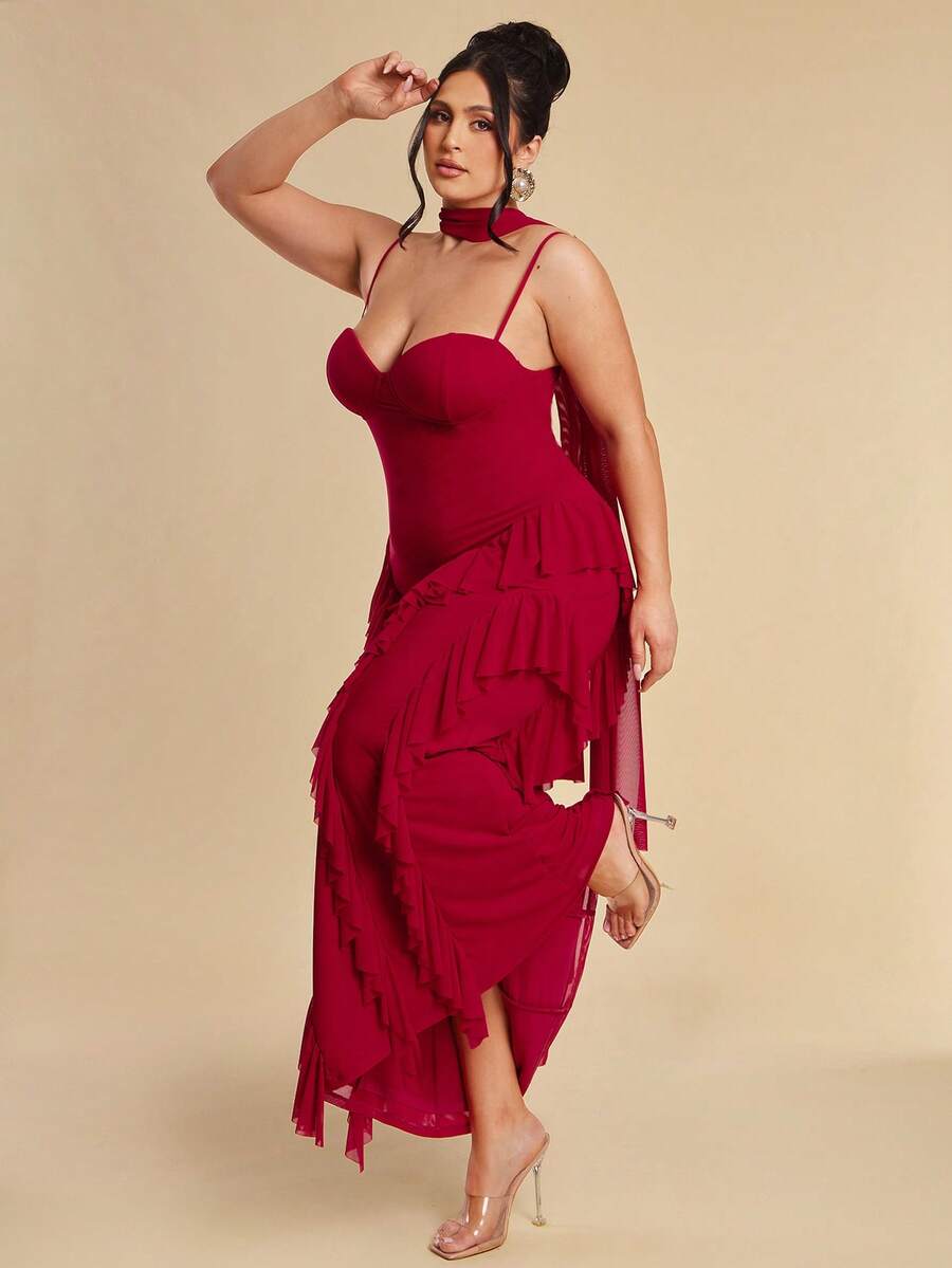 SHEIN BAE Women's Plus Size Elegant Burgundy Summer Maxi Dress,Chic Red Spaghetti Strap Ruffle Dress,Night Out Club Strappy Neckline Special Occasion Dress - Red - View 1