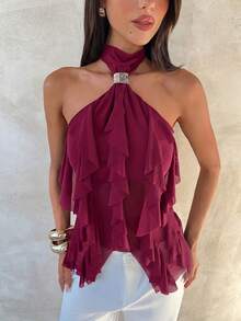 Aloruh Women's Elegant Multi-Layer Ruffle Trim Stand Collar Fitted Tank Top - Red Violet - View 5
