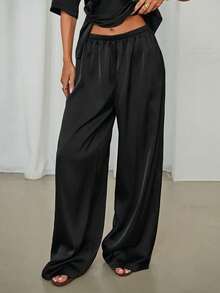 Aloruh 女士新款纯色棕色套装，两件套，巧克力色高领无袖扭结上衣搭配阔腿裤 - 黑色 - 查看 5