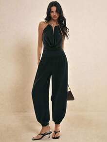 Poéselle 女士纯色简约休闲无袖连体裤 - 黑色 - 查看 2