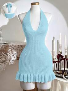 Franclia Early Spring New Romantic Valentine's Day Vibe V-Neck Halter Tie Waist Bodycon Dress With 3D Floral Pattern And Ruffle Hem, Backless - Baby Blue - View 3