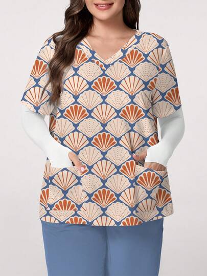 PopScrub Seashell Print V-Neck Short Sleeve Pocket Ear Loop Split Design Plus Size Scrub Top, Spring/Summer Nurse Scrub Uniform, Floral Purple Blue Blouse