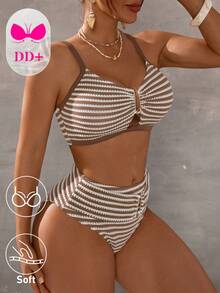 Swim DD+ Bộ bikini gợi cảm kẻ sọc dành cho nữ, thích hợp mặc đi biển mùa hè. - Màu Khaki - Xem 3
