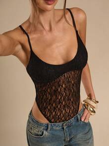 SHEIN BAE Áo liền thân ren đen xuyên thấu gợi cảm dành cho nữ - màu đen - Xem 6