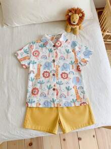 SHEIN Vintaside Kids 2件套男婴夏季新款可爱动物印花POLO领短袖开衫衬衫和直筒黄色短裤套装，带口袋，休闲时尚 - 彩色 - 查看 8