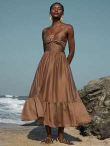 Breezaya New Metal Decor Vacation Style Spaghetti Strap Dress, Metal Decor On Chest, Sleeveless Long Beach Vacation Island Dress Dark Brown Summer Tropical - Brown - View 3
