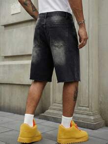 ROMWE MEN Street Life Pantalones cortos de mezclilla casual de moda para hombres con bordado de strass - Negro - Ver 3