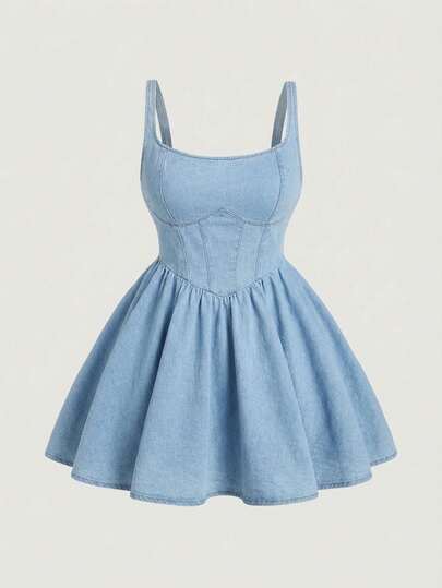 SHEIN MOD Plus Size Women Waist Cinched Casual Denim Jumpsuit Dress