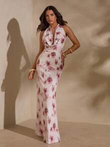 SHEIN Glamour Women's White And Pink Floral Backless Sleeveless Slim Maxi Dress,Bodycon Summer Casual Vacation Holiday Outfit For Beach,Wedding Party,Nightclub - Multicolor - View 3