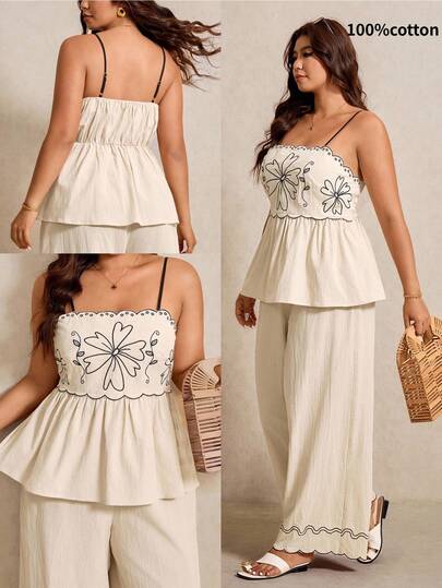 Elaquor Plus Size Minimalist Pattern Camisole Top And Pants 2 Pieces Set Co Ord Set Women Summer Summer Pants Sets For Women Two Piece Set Women Boho Two Piece Set