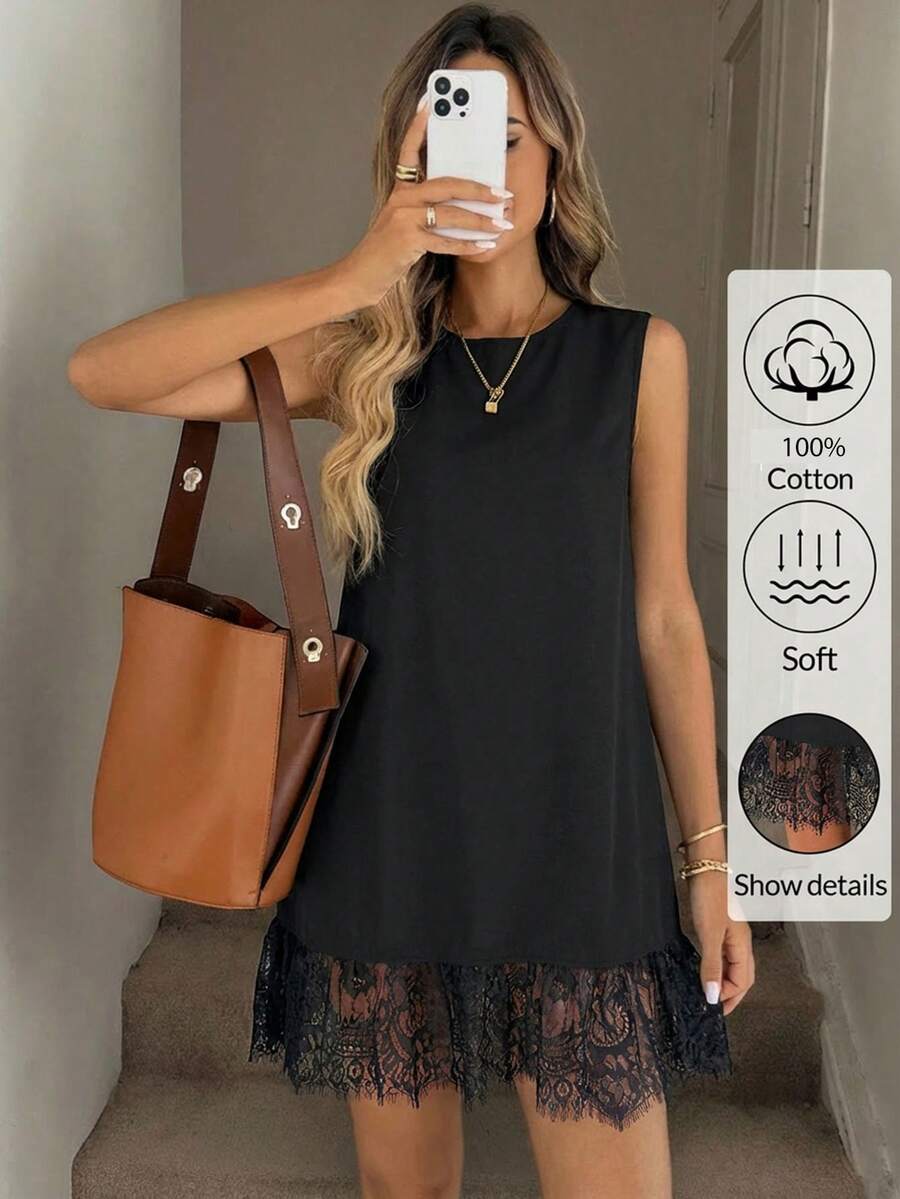 Easowa Cotton Crew Neck Sleeveless Lace Hem Mini Dress, Suitable For Casual, Beach, Holiday Wear, Spring/Summer Women's Sleeveless Black Shift Dress With Delicate Lace Hem And Round Neck Soft Cotton Feel For Summer Summer Dress Spring Dresses Beach Dress Casual Dresses For Women Vacation Dress Ruffle Dress,Black Dress For Women,Summer Dresses For Women - Black - View 1