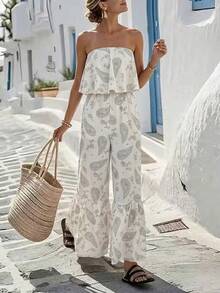 SHEIN Holidaya Bộ jumpsuit nữ dáng suông, không dây vai, họa tiết hoa paisley, bèo nhún, ống rộng, thích hợp cho kỳ nghỉ hè. - Màu be - Xem 7