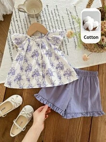 LMoss Kids 2件套女婴花卉刺绣短袖上衣和绿色短裤套装，夏季 - 彩色 - 查看 1