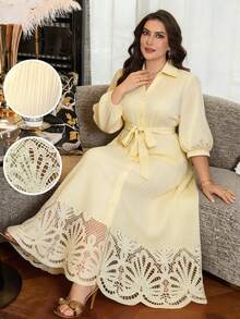 Modelyn Plus Size Elegant Solid Color Hollow Patchwork Front Button Dress, Summer Fall - Pale Yellow - View 1
