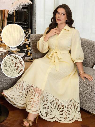 Modelyn فستان أنيق بلون أحادي مع تصميم مفتوح ومرقع، أزرار أمامية، مناسب للصيف للمقاسات الكبيرة