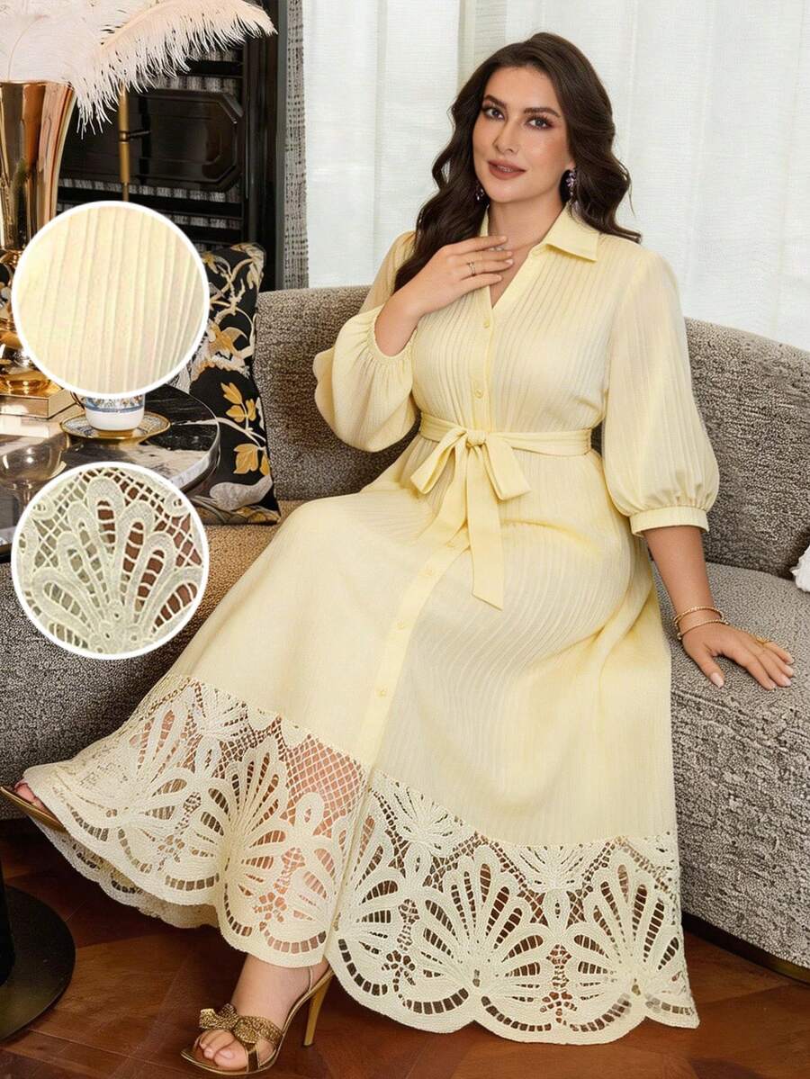 Modelyn Plus Size Elegant Solid Color Hollow Patchwork Front Button Dress, Summer Fall - Pale Yellow - View 1