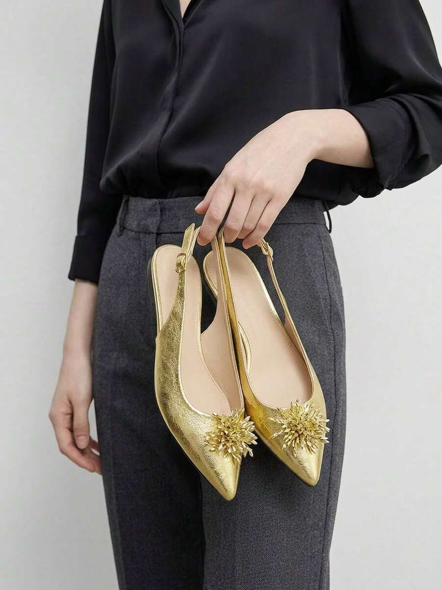 CUCCOO BIZCHIC Sandalias de tacón fino con punta cerrada, nuevas para primavera y verano 2026, de estilo temperamento, de cuero patentado suave, al estilo europeo y americano - Dorado - Ver 1