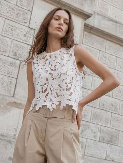 CielaLinda Women Water-Soluble Floral Lace Tank Top Casual Cover Up, Suitable For Spring Summer Holiday Beach