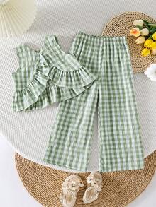 SHEIN Genkimix Kids Bộ 2 món cho bé gái, áo không tay và quần họa tiết kẻ caro phối bèo nhún ở gấu quần. - màu xanh lá - Xem 4