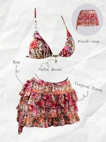 Elavelle 女士夏季时尚沙滩度假热带花卉印花系带腰部荷叶边下摆罩衫裙套装 - 彩色 - 查看 3