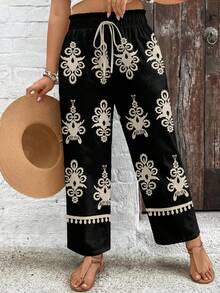 SHEIN VCAY Plus Size Geometric Print Drawstring Waist Pants, Suitable For Vacation - Multicolor - View 3