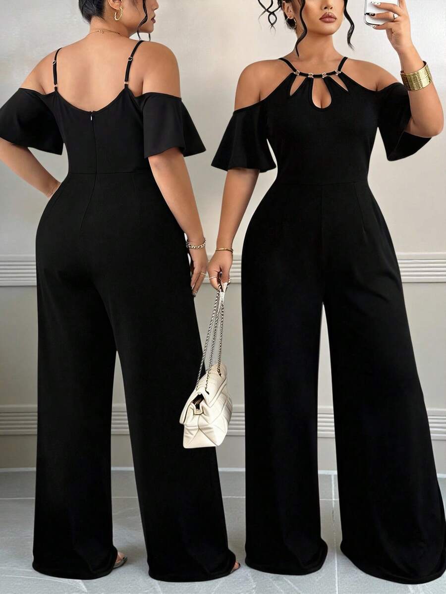 Elenzga Plus Size Women Casual Solid Color Spaghetti Strap Jumpsuit With Cinched Waist - Black - View 1