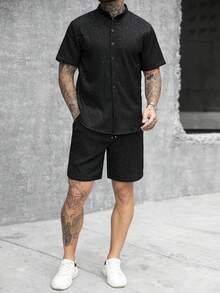 SLATEMANN 男士纯色短袖衬衫和短裤休闲套装 - 黑色 - 查看 3