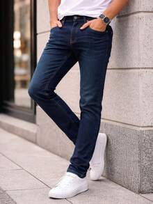 Men's Straight Cut Dark Blue Jeans With Stretch - Azul fuerte - View 4