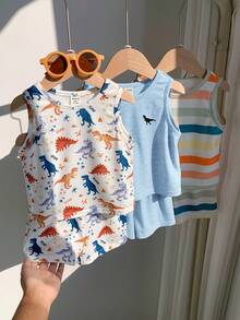 SHEIN Bộ 6 món áo thun dệt kim và quần short cạp chun họa tiết hoạt hình dễ thương cho bé trai/bé gái, thích hợp mặc mùa hè, quần áo trẻ em mùa xuân/hè, áo ngắn tay cho bé trai. - Nhiều màu - Xem 5